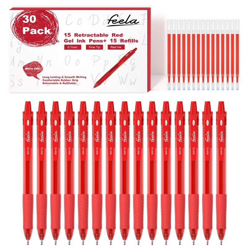 feela 30 Pack Retractable Red Ink Gel Pens Set Medium Point 15 Piece Fine Point Gel Pen with 15 Refills for Smooth Writing - Image 1